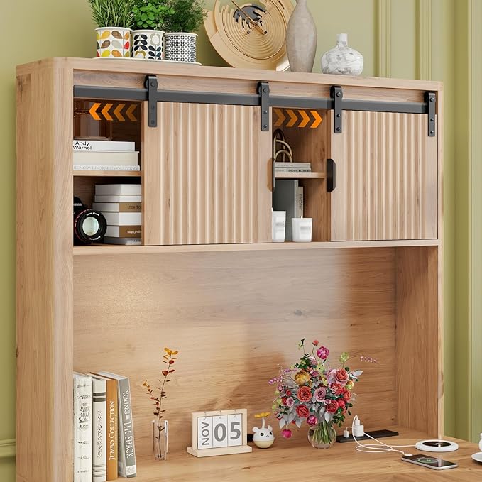 68 L Shaped Fluted Desk with HutchOffice Table with 3 Drawers and Sliding Doors Executive Desk with File Drawers and Charging StationLight Strips Wood Workstation for Home OfficeOak