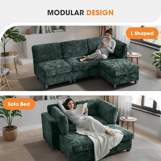 4 Seat Modular Sectional Sofa with Storage Convertible Sectional Couch Modular Sofa with Chaise Living Room Furniture Sets L Shaped Couch with Ottoman Couches for Living Room Green Textured