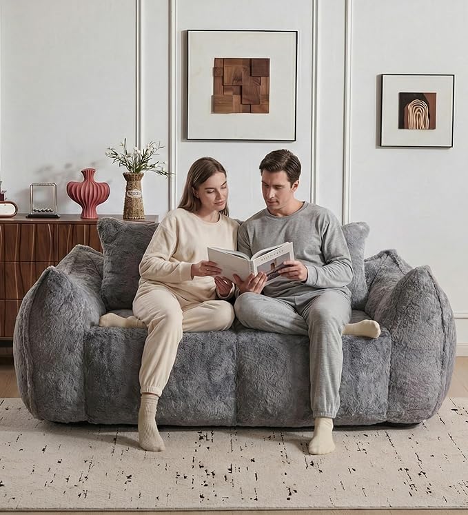 Alpen 75 Couch Loveseat Boneless Sofas with Armrests Faux Rabbit Fur Fabric Couches with Tufted Cushion &amp Backrest Sofa in a Box Large Bean Bag Chair for Bedroom Living Room Grey