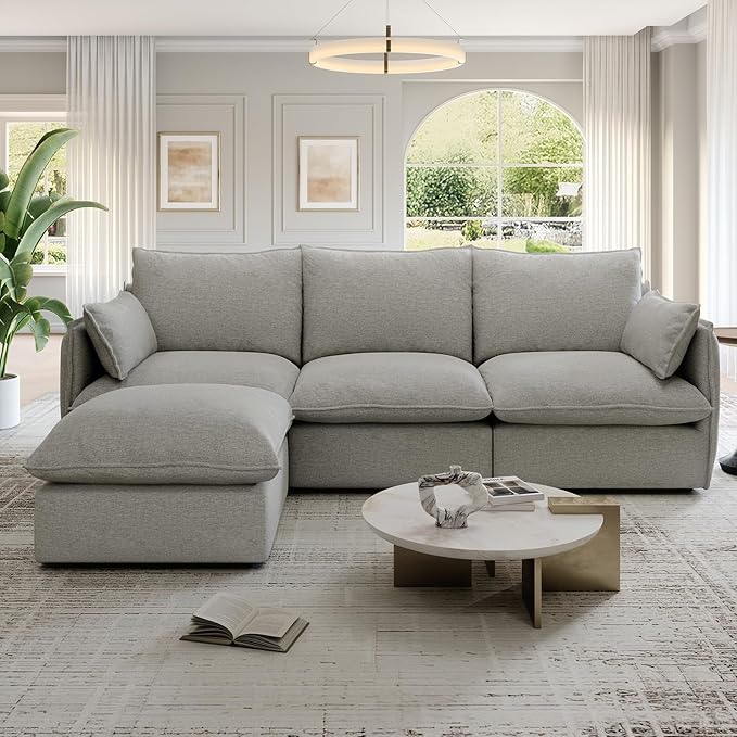 94.6 Cloud Modular Sectional Sofa Waterproof Down Filled Sectional Sofas High Backrest L Shaped 3 Seater Sectional Couches with Ottoman Modular Couch with Removable Cover Light Gray