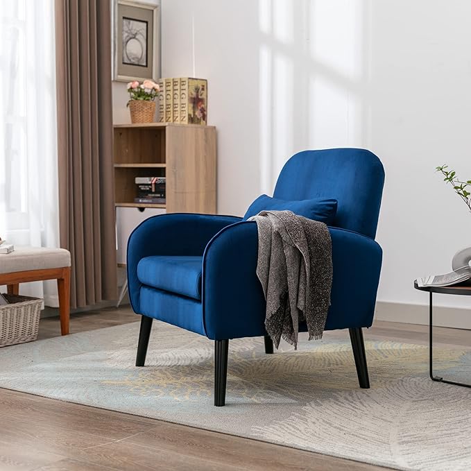 Mid Century Modern Accent ChairSingle Sofa Chair with Solid Wood Legs Comfy Fabric Upholstered Reading Armchair with A Soft Cushionfor Living Room BedroomApartmentOffice (Navy)