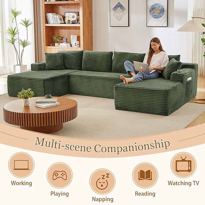 134 Inch Modular Sectional Sleeper Sofa Boneless Cloud Couch for Living Room U Shaped 5 Seat Sofa with 2 Storage Pockets&amp 2 Cup Holders Free Combination No Assembly Required (Green)