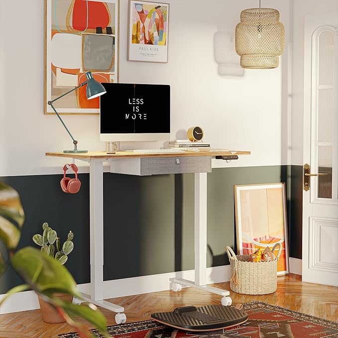 FEZIBO Standing Desk with Drawer: 48 x 24 Electric Height Adjustable with Storage Ideal for Home Office as an Ergonomic Computer Desk Light Rustic Brown