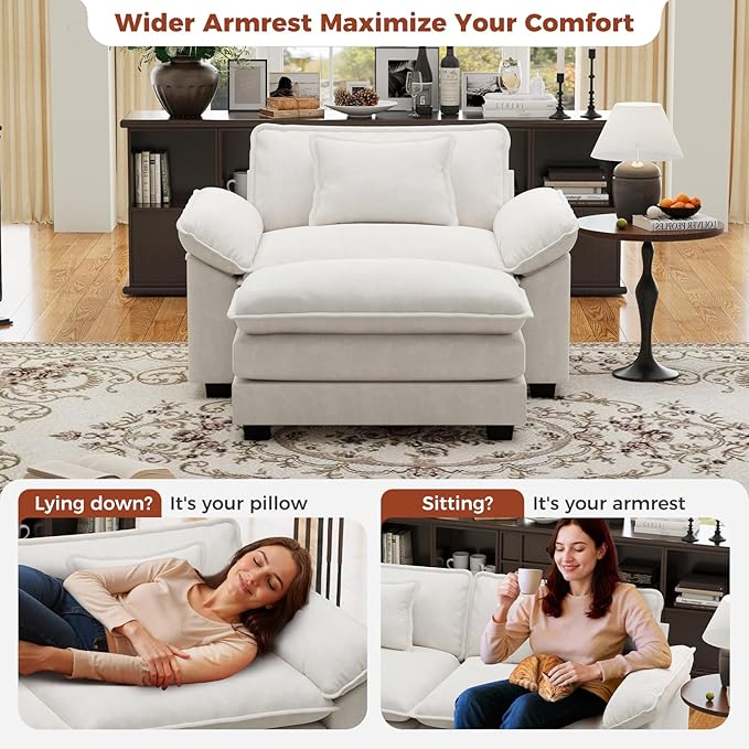 CDCASA 50'' Oversized Chair with Movable Ottoman Velvet Comfy Cloud Sofa Accent Chairs w/Large Seat and Armrests Modern Extra Wide Armchair Reading Chairs for Living Room DIY Combination Beige
