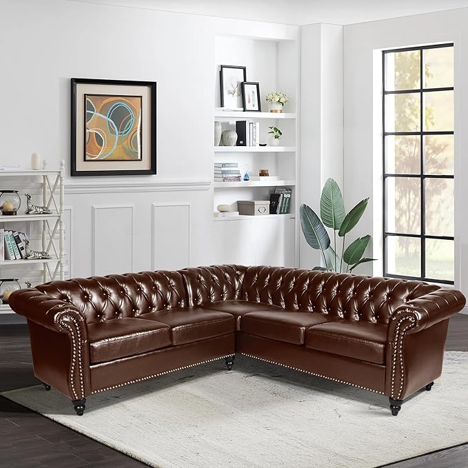 ORRD L Shaped Small Sectional Sofa Chesterfield Leather Couch Tufted Accent Sofa with Scroll Arms and Nailhead for Living Room Office (Dark Brown)