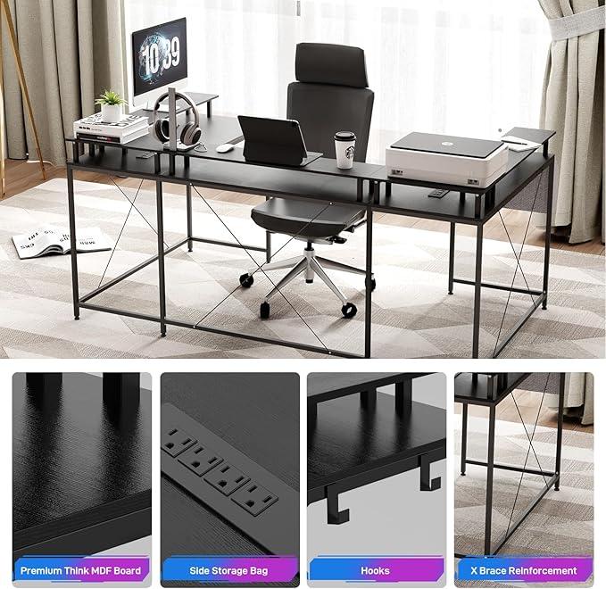 IDEALHOUSE U Shaped Home Office Desk Reversible L Shaped Gaming Computer Desk with Power Outlets126 Inch Computer Desk with Monitor Stand and LED LightsStorage ShelvesStorage Bag and Hooks（Black）