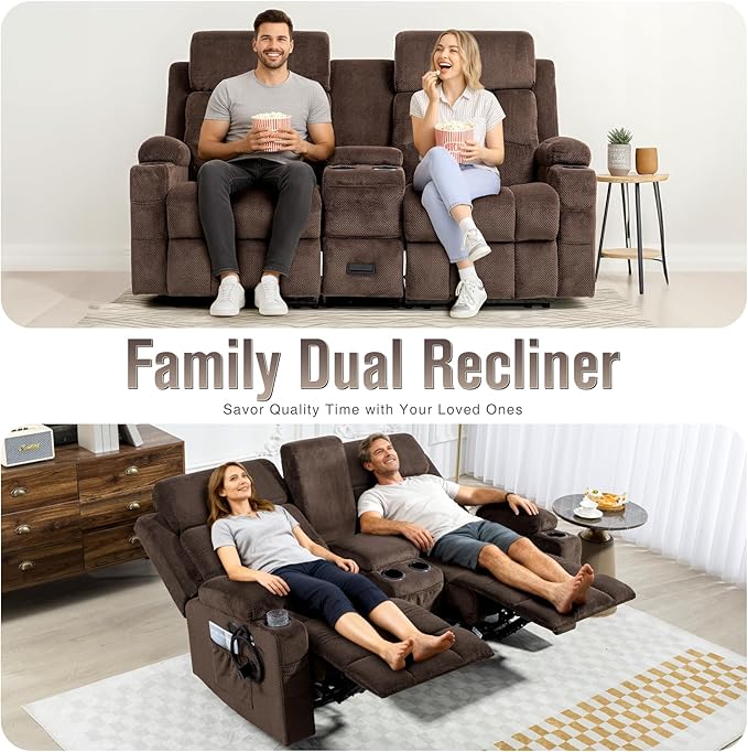 Oversized 72 Loveseat Recliner Sofa with Console Manual Double Reclining Sofa with USB Ports Cup Holders &amp 2 Phone Holders for Living Room Home Theater Game Room (Brown Velvet)