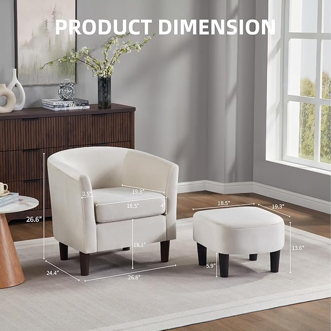 Velvet Accent Chair with Ottoman Modern Barrel Armchair Plush Lounge Chair for Living Room Bedroom Reading Nook 4 Colors (White)