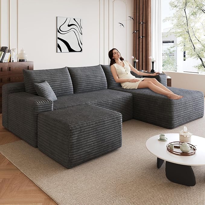 95 Modular Sectional Sofa with Ottoman Modern Corduroy Cloud Couch with Deep Seat Boneless Couch Upholstered 3-Seater U-Shaped Sofa for Living Room No Assembly (Dark GrayRight-Facing Chaise)