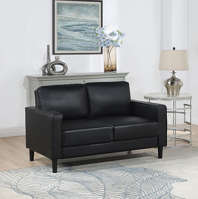 Coaster Home Furnishings - Ruth - Leatherette - Upholstered Loveseat with Track Arms Attached Seats and Backs and Straight Tapered Legs - Living Room - Black - 508362