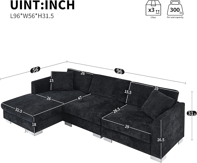 96 * 56 Modern Cloud Sectional Sofa L-Shaped Luxury Couch Set with 2 Free Pillows4-seat Chenille Indoor Furniture with Oversized Chaise for Living Room Apartment Office