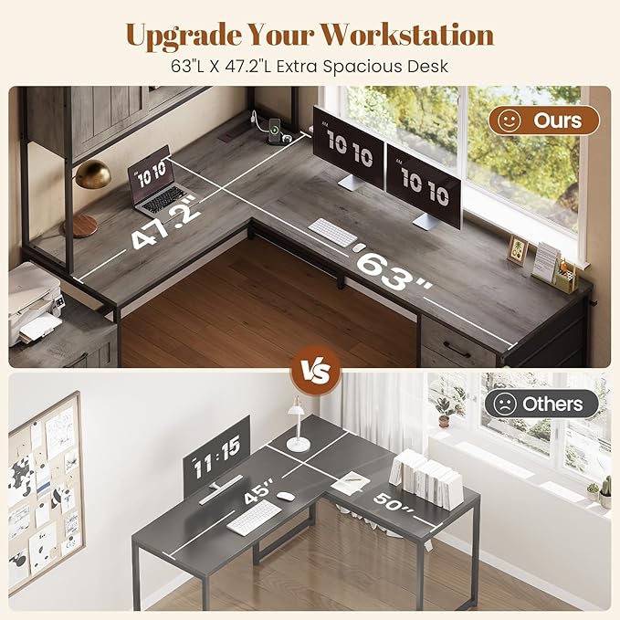 SEDETA Farmhouse L Shaped Office Desk with 6 Drawer Reversible Computer Desk with Power Outlet Hutch for Home Office/Two Person Corner Desk with File Drawer &amp Printer Storage Shelves Grey