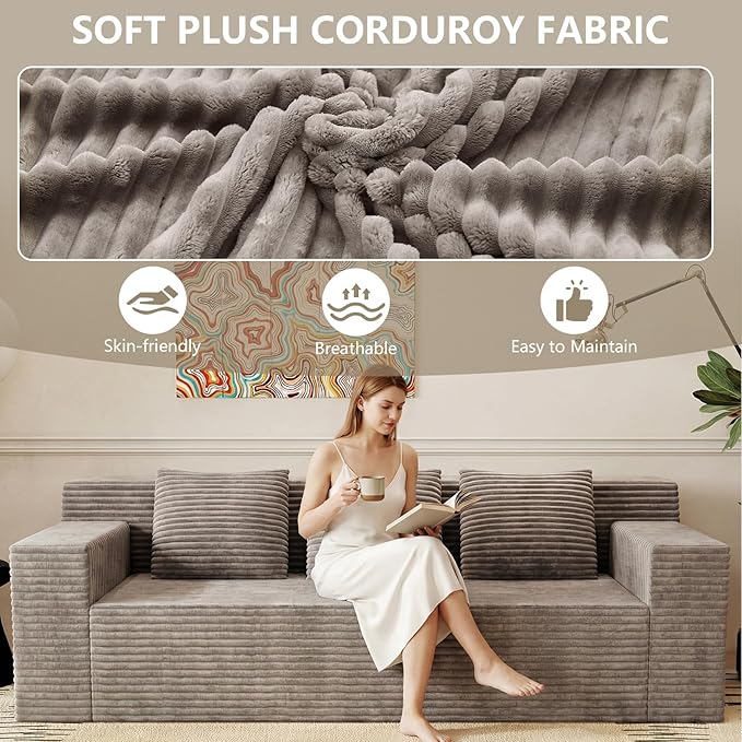 71 Love Seat Couches Corduroy Boneless Loveseat with Deep Seats 2 Seat Couch Apartment Size Couch with 3 Pillows&ampSide Pockets for Bedroom Office No Assembly Required Camel