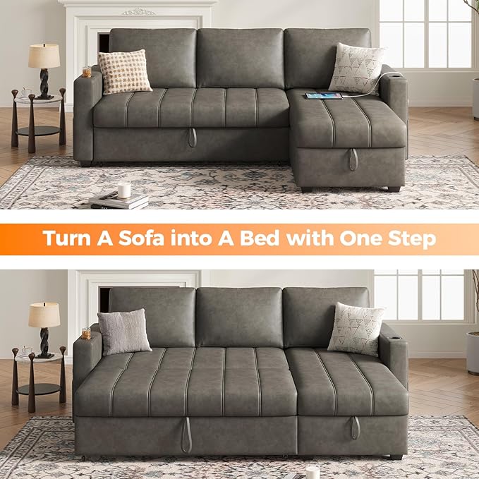 Fadware 89” L Shape Sofa Sleeper Sectional Sofa Bed with Hidden Storage&amp Side Pocket Anti-scratch Faux Leather Couch Bed with ChargePort&amp CupHolder Modern Piano Design Pull Out Couch for Li