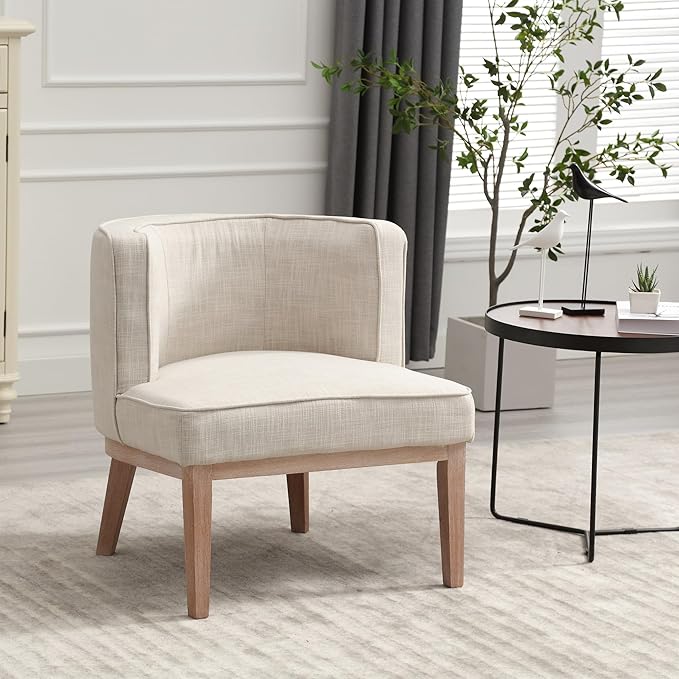 Set of 2 Arm Accent Chair Barrel Accent Chair with Wood Legs Comfy Barrel Side Chair Linen Upholstered Reading Chairs with Back for Living Room Bedroom Living Room Chair Beige