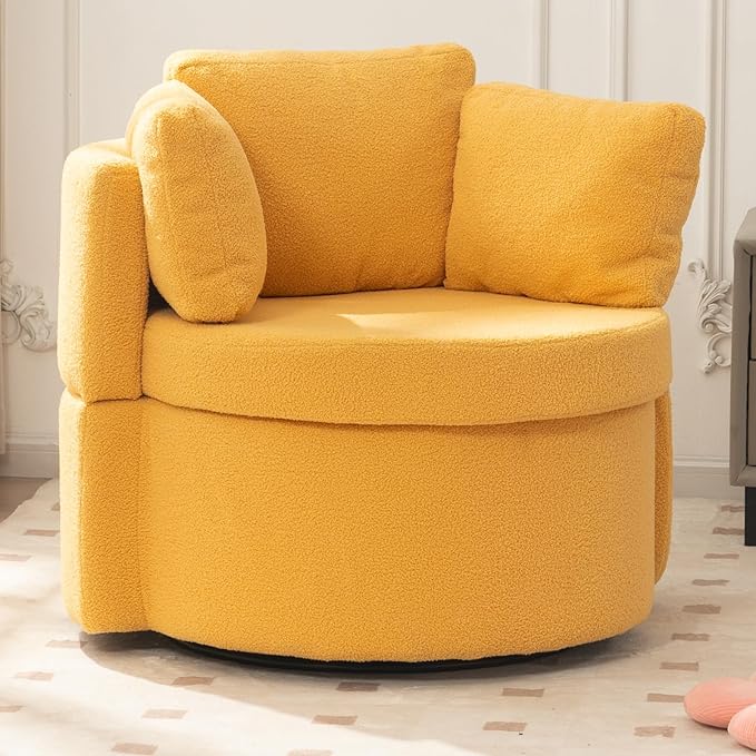 FOXHUNTER Swivel Barrel Chair 360 Degree Swivel Round Storage Chair with 3 Pillows Oversize Teddy Swivel Accent Chair Comfy Single Sofa Chair for Nursery Living Room Bedroom (Yellow)