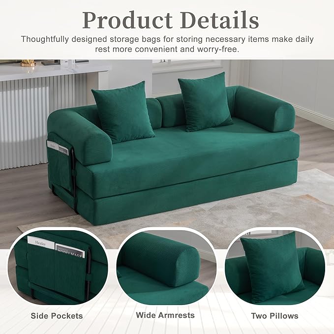 Convertible Sleeper Sofa Bed 78.5 Folding Floor Sofa Mattress Couch with Pillows Corduroy Futon Boneless Couch Lounge Loveseat with Pull Out Bed Emerald Green