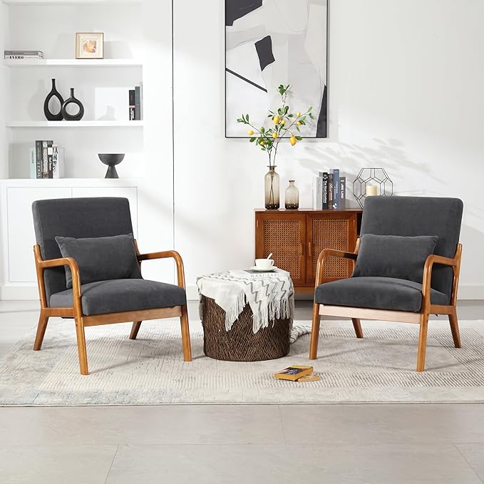 Modern Accent Chair Solid Wood Padding Lounge Armchairs with One Pillow for Living Room Bedroom Guest Room (Gray)