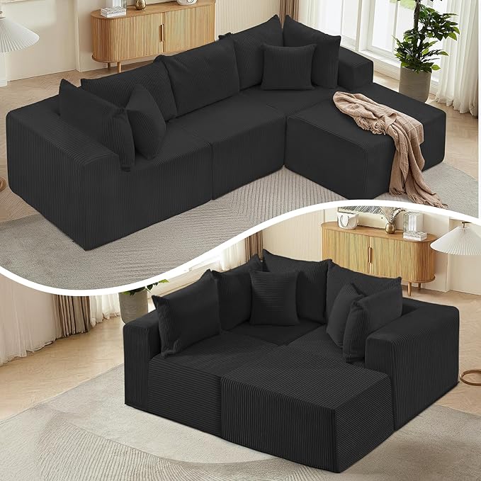 Cloud Sectional Couch with L-Shape ChaiseModular Sofa with Deep Seat Reversible Ottoman 4 Seat DIY Combination Sectional Couches for for Living Room Bedroom