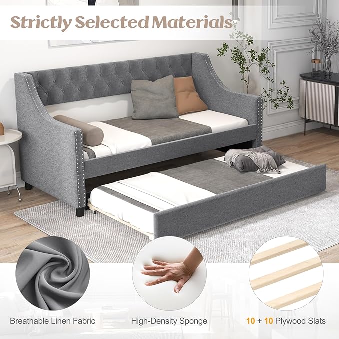 KOMFOTT Upholstered Twin Daybed with Trundle Sofa Daybed with Backrest &amp Armrests Space-Saving Daybed Trundle Bed Frame for Bedroom Guest Room &amp Dorm No Box Spring Needed (Grey)