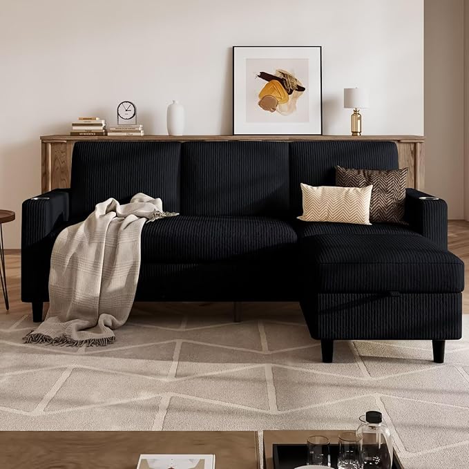 Convertible Sectional Couches for Living Room Modern Corduroy Couch Small Sofas for Small Space Apartment Office 3 Seats L Shaped Sofa with Storage Ottoman and 2 Cup Holders Black