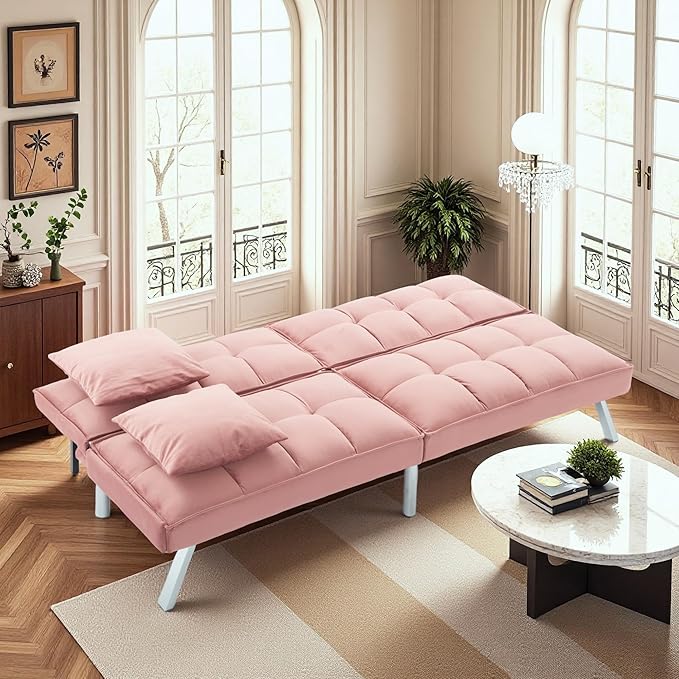 68 Modern Sofa Bed FutonConvertible Sleeper Bed Couch with 4 Reclining BackrestComfy Velvet Cloud Sofa Loveseat for Living Room Bedroom Office (Pink)