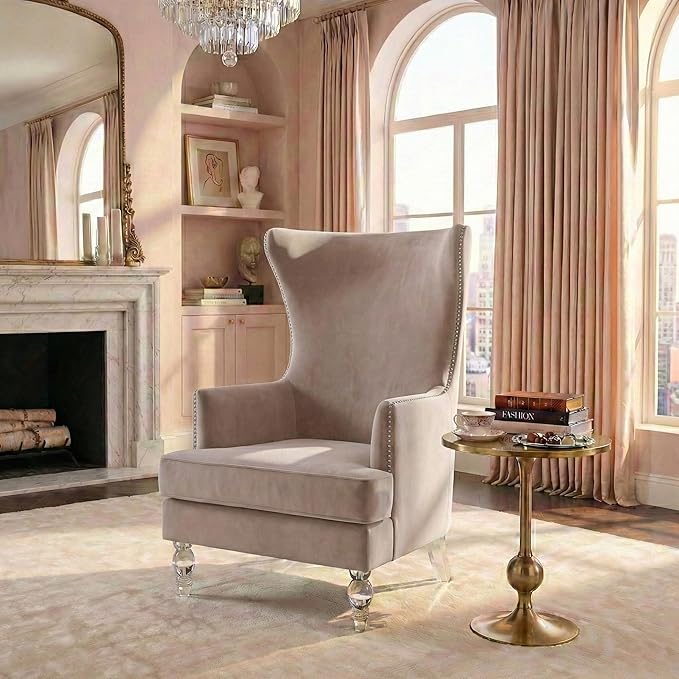 SAFAVIEH Couture Home Collection Geode Pale Taupe Velvet/Clear Acrylic Legs Nailhead Trim Wingback Chair