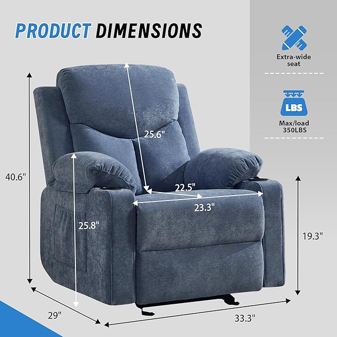 Manual Rocker Recliner Chair for Adults with Vibration MassageGlider Rocking Recliner Chairs for Living Room Bedroom Overstuffed Reclining Sofa Chair with Pockets and Cup Holds (Blue)