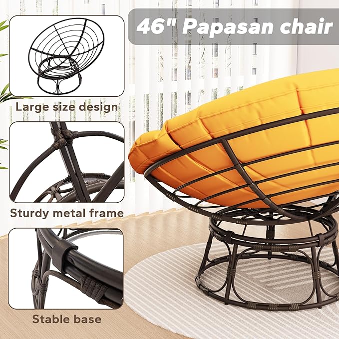 46'' Large Size Papasan Chair (Non-Swivel) with Cushion and Frame Overstuffed Thickened Lazy Chair Mustard Yellow