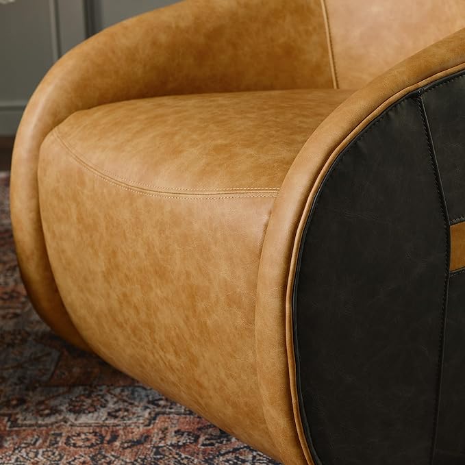 Two-Tone Leather Swivel Barrel Chair Accent Chair with Solid Wood Frame No Assembly for Living Room or Office (Camel)
