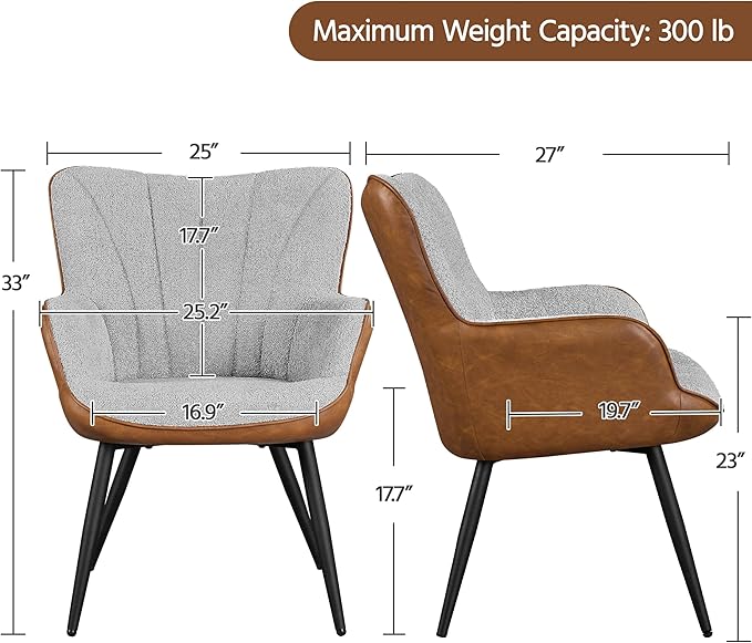 Topeakmart Modern Accent Chair Faux Leather Armchair with Boucle Fabric High Back and Mental Legs for Living Room Bedroom Gray/Retro Brown