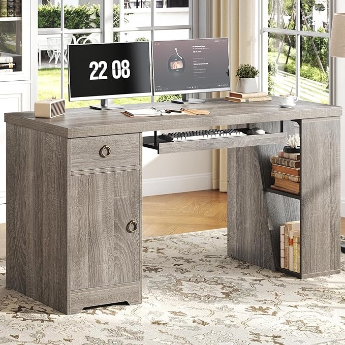 HSH 55 Office Computer Desk with Drawers Farmhouse Grey Executive Desk with Storage Shelves and Cabinet Modern Wooden Computer Table Teacher Desks with Keyboard Tray for Home Writing Work Study