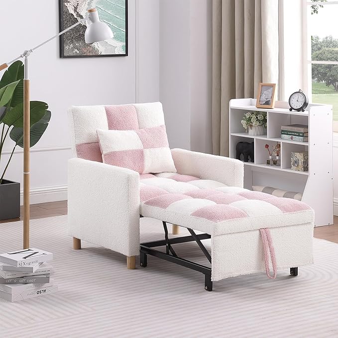 Convertible Sleeper Sofa Chair Bed3-in-1 Sleeper Chair Bed with PillowPull Out Single Armchair Sofa Bed with Adjustable Backrest Multi-Functiona Lounge Chair for Living Room (Pink)
