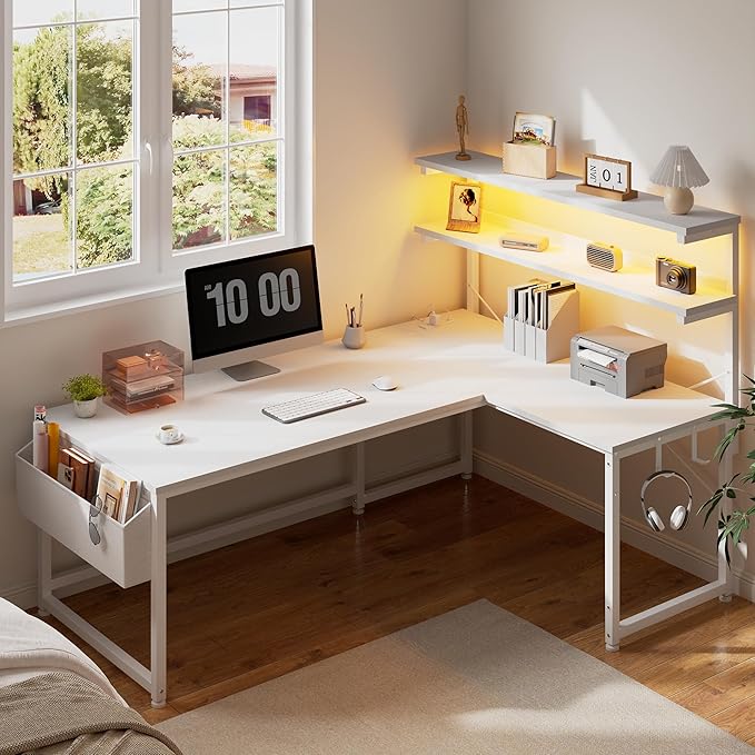 L Shaped Desk Computer Desk with LED Light &amp Power Outlet 53 Inch Reversible L Shaped Gaming Desk with Shelf &amp Storage Bag &amp Hook for Home Office White