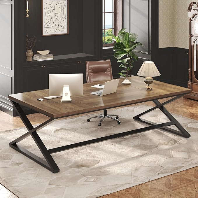 IBF Large Computer Desk 78.7” Extra Long Home Office Desk Wood Metal Work Desk for Study Writing Farmhouse Simple Wide Double PC Gaming Computer Table Executive Workstation in Bedroom Rustic Oak