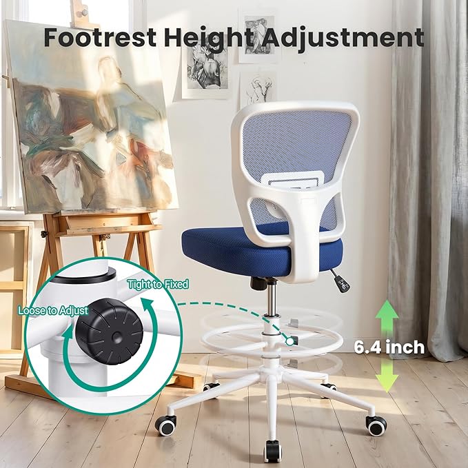 Armless Drafting Chair Tall Office Chair for Standing Desk - Adjustable Height Mesh Ergonomic Stool with Foot Ring Rolling Counter Height Computer Chair for Small Spaces &amp Home Office
