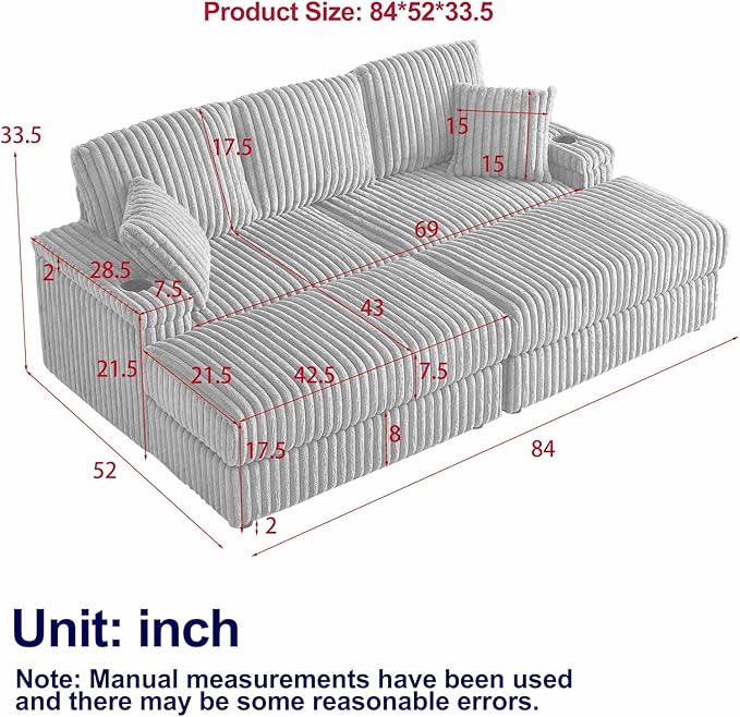 84 Corduroy Modular Cloud Couch with 2 Ottomans Modern Oversized 3-Seater Deep Seat Sofa with Back &amp Toss Pillows Comfy Sofa with 2 Storage Spaces &amp Cup Grooves for Living Room Army Green