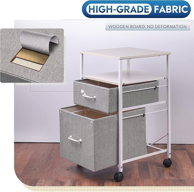 DEVAISE 2 Drawer Mobile File Cabinet Rolling Printer Stand with Open Storage Shelf Fabric Vertical Filing Cabinet fits A4 or Letter Size for Home Office Light Grey