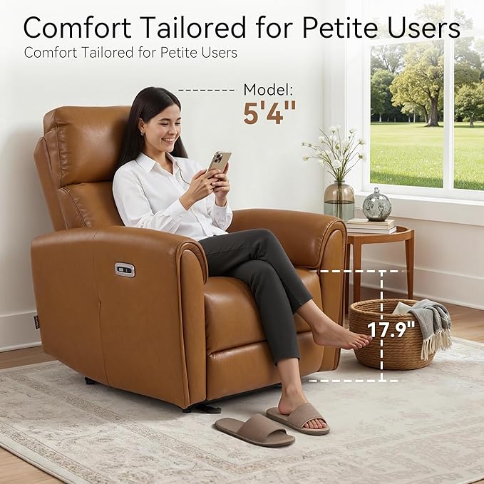 MCombo Power Small Recliners for Small Spaces Living Room RVs Modern Style Zero Wall Hugger Recliners Chair with Lumbar Support USB&ampCharging Ports FSC Certified Faux Leather PR699 (Cognac Br