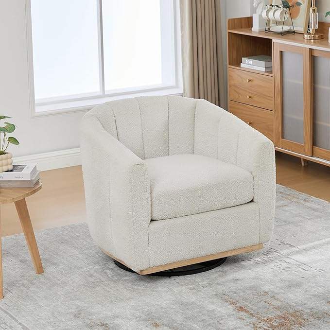 Swivel Accent ChairModern Barrel Chair with 360° RotationChenille Fabric UpholsteryFoam Cushion &amp Pocket Spring SeatSturdy Round BaseCozy Pumpkin Armchair for Living Room Bedroom OfficeIvory