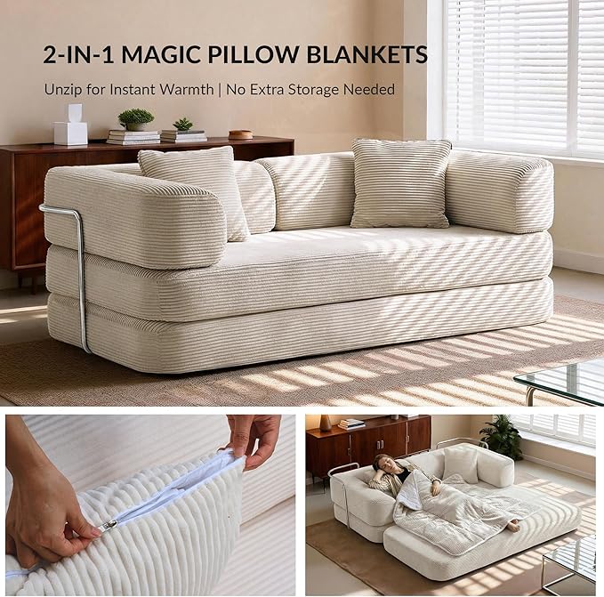 5-in-1 Convertible Sofa Bed Boneless Floor Couch Queen Size with Magic Pillow Blankets Zero-Assembly Sleeper Futon for Apartments Renters &amp Micro-Living Spaces Cream