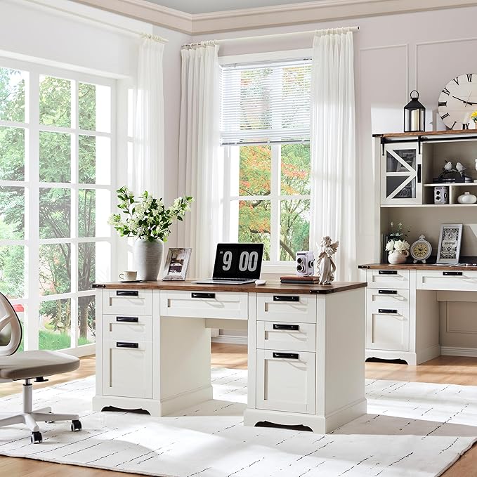 RedLemon 60 Farmhouse Executive Desk Home Office Desk with Drawers Charging Station Keyboard Tray File Drawer Storage Cabinet Wood Rustic Computer Writing Desk (Antique White)