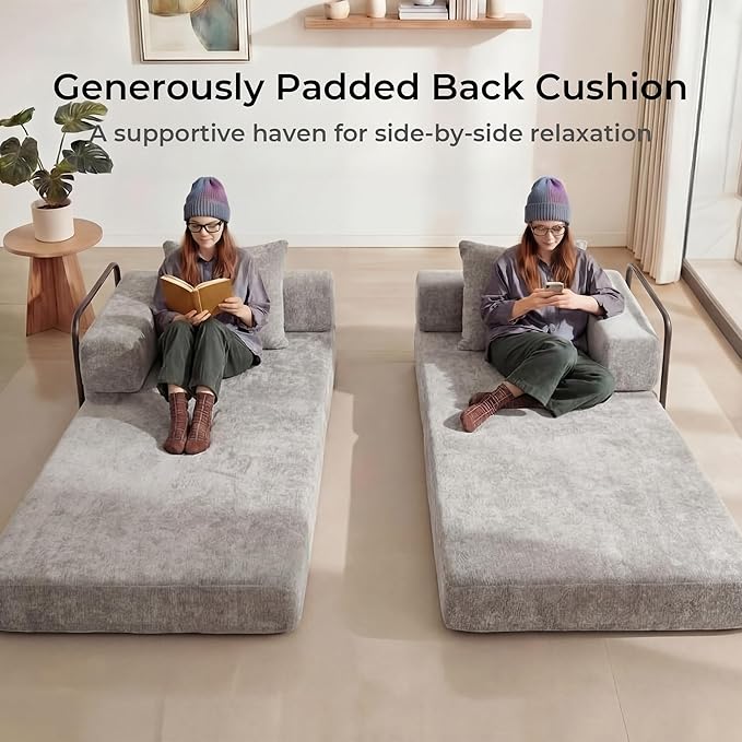 WELAX 77 Convertible Sleeper Sofa Bed Boneless Cloud Queen Futon Couches with 2 Pillows &amp Removable Armrests Chenille Folding Floor Couch No Assembly for Bedroom Living Room Light Grey