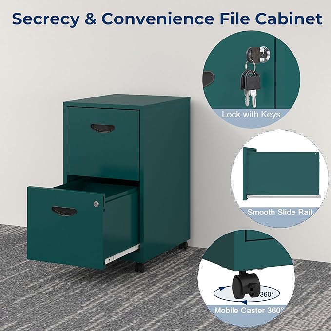 2 Drawer File Cabinet with Lock Filing Cabinets with Wheels Rolling File Cabinets for Home Office Metal Office File Cabinet Mobile Filing Cabinet for Holding Letters and File Boxes Green