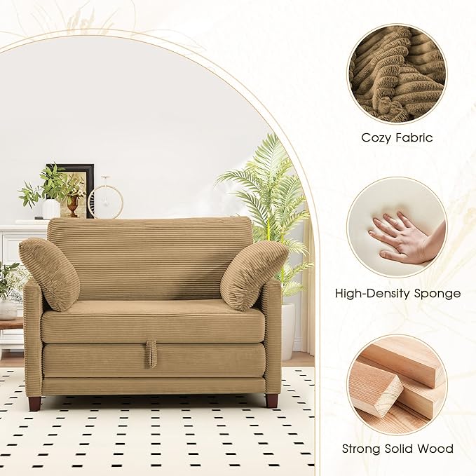 51 Convertible Loveseat Sofa Bed 2-in-1 Folding Sofa Bed with 2 Pillow for Small Spaces Modern Loveseat Sleeper Couch for Apartment Living Room &amp Guest Room (Brown Corduroy 51 inch)