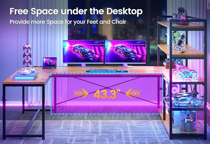 SEDETA L Shaped Desk with Storage Shelves 63” Reversible U Shaped Office Desk Gaming Desk with Power Outlet and LED Lights for Home Office Rustic Brown