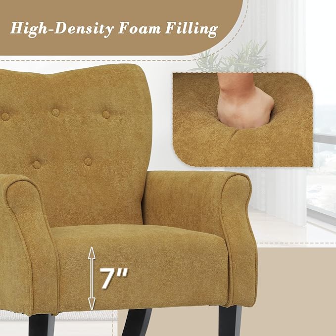 Athena Collection Mid Century Accent Chair Upholstered Modern Comfy Armchair Single Sofa Elegant Vanity Chair Reading Chair with High Back and Solid Wood Legs for Bedroom Living Room Dark Yellow