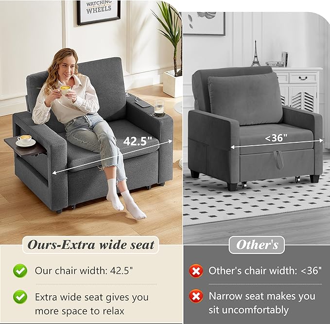 WEUP 42.5 Sleeper Sofa Chair Bed 3-in-1 Convertible Sleeper Chair with Pull Out Bed Adjustable Reclining Backrest Side Pockets Cup Holder USB Ports &amp Wing Table Premium Dark Grey