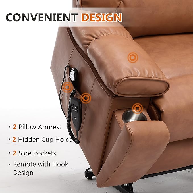 Oversized Power Lift Recliner Chair for Elderly Dual Motor Lift Chair with Vibration Massage &amp Lumbar Heating Standing Assistance Recliner with Cup Holders for Living Room - Faux Leather Orange