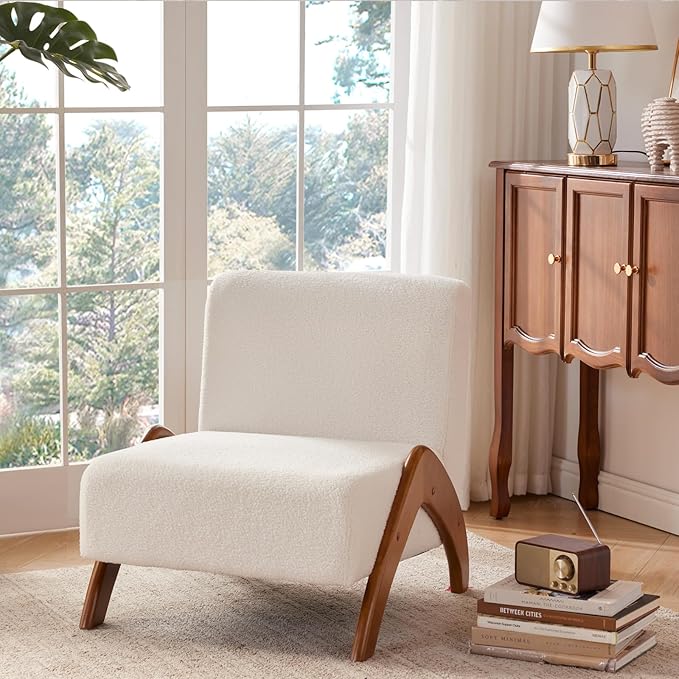 Oversized Accent Chair Set of 2 upholstered armless mid Century Modern Living Room Chair with Wooden Legs for Bedroom/Office/Cafe Sherpa Cream